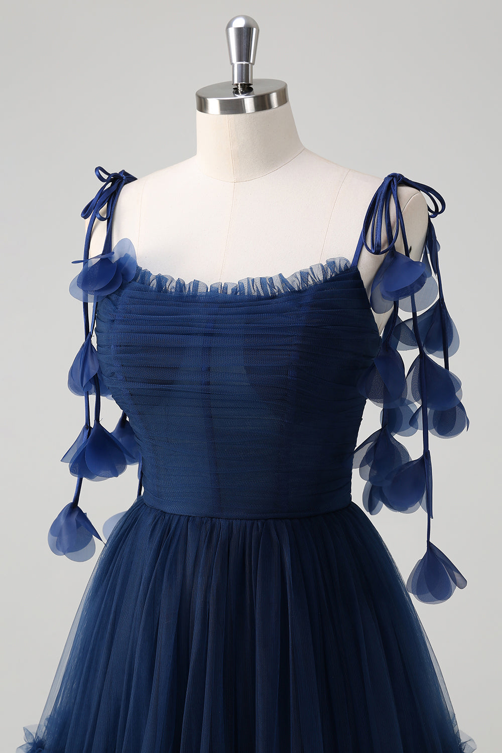 Marineblå A-linje Spaghetti Stropper Blomster Korsett Ruffles Tyll Lang Brudepike Kjole