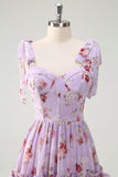 Grå Lilla A Line Tiered Ruffled Print Floral Brudepike Kjole