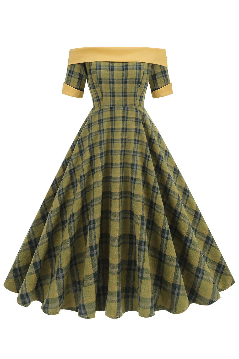 Off The Shoulder Green Grid Vintage 1950-talls kjole