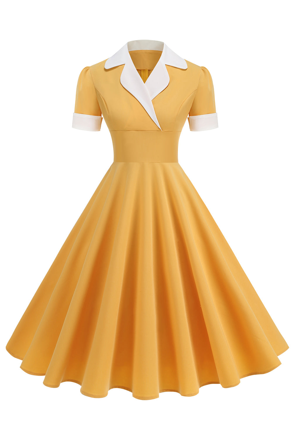 Blå A-linje V-hals 1950-talls kjole med korte ermer