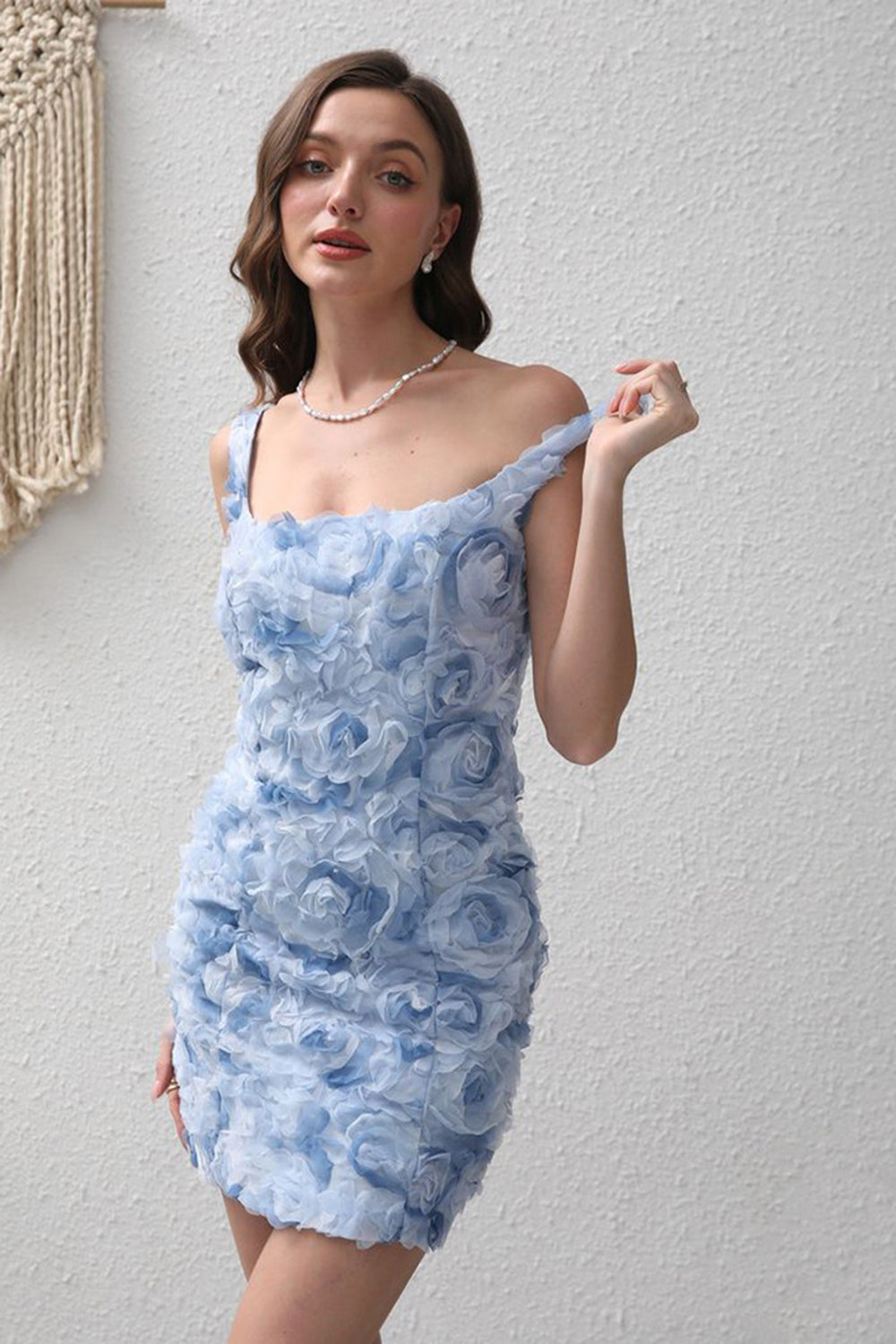 Rosa Kort Lace Up Festkjole Med 3D-blomst