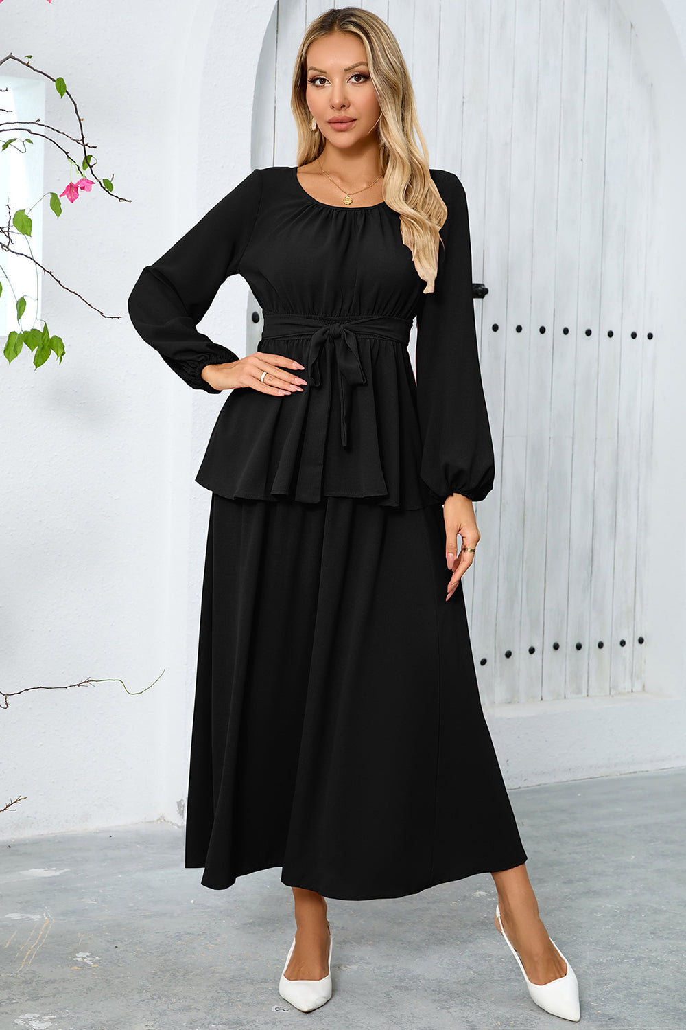 Dusty Rose A-linje lagdelt chiffon lang festkjole med lange ermer