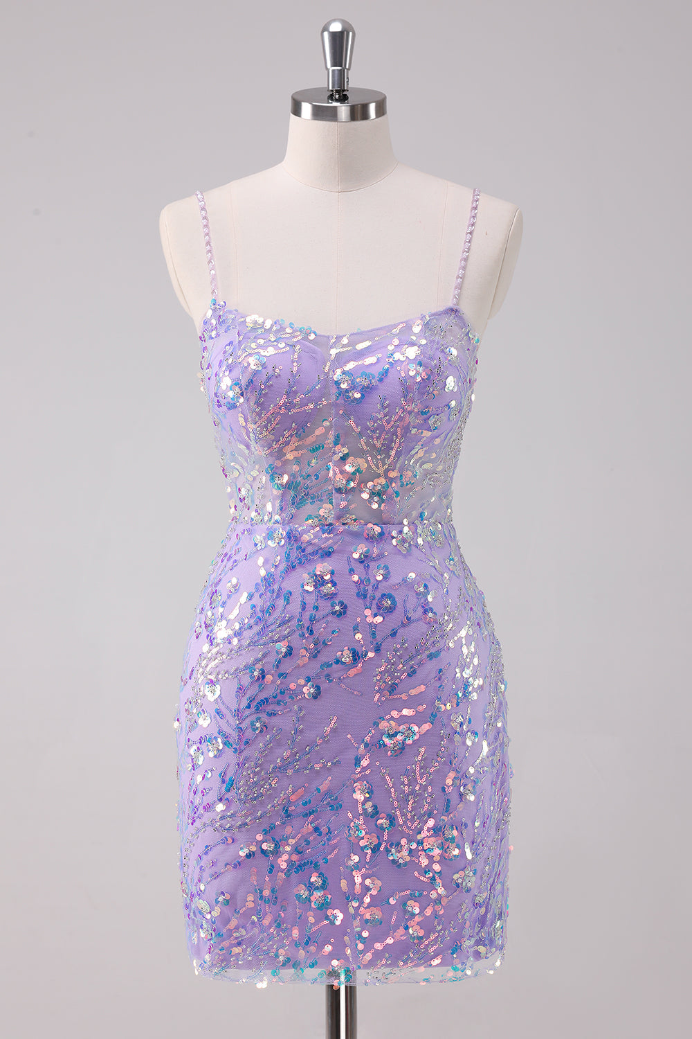 Glitrende Lilla Bodycon Spaghetti Stropper Paljetter Kort Homecoming Kjole