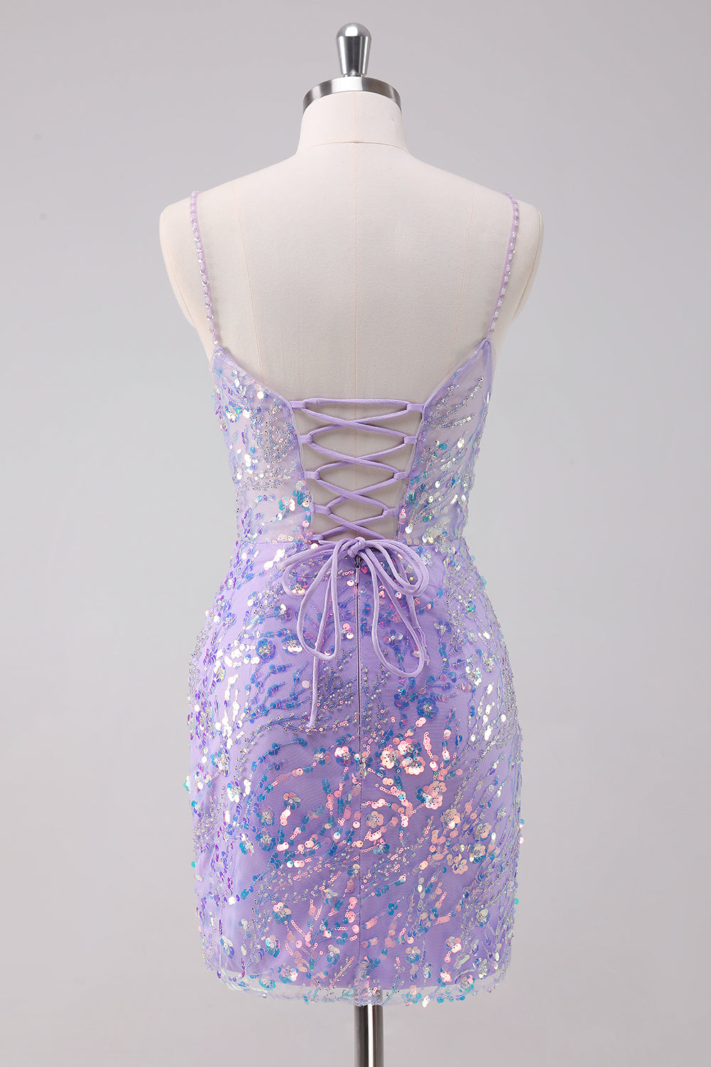 Glitrende Lilla Bodycon Spaghetti Stropper Paljetter Kort Homecoming Kjole