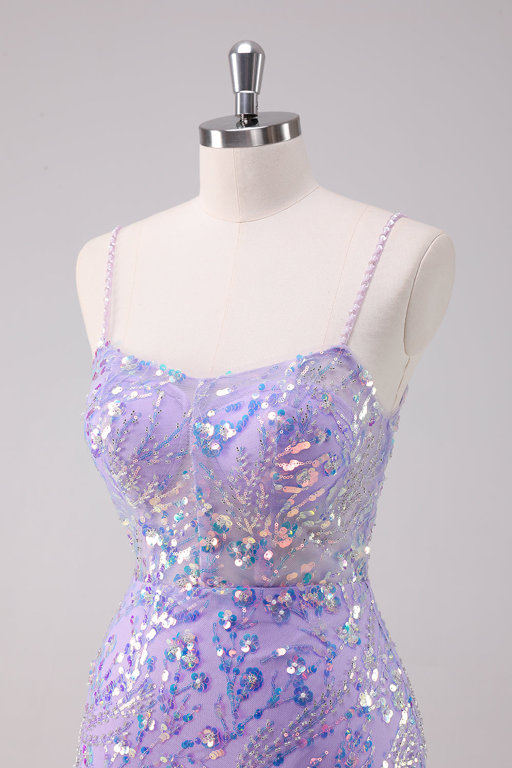 Glitrende Lilla Bodycon Spaghetti Stropper Paljetter Kort Homecoming Kjole