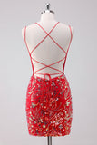 Glitter Rød Spaghetti Stropper Paljetter Bodycon Kort Homecoming Kjole