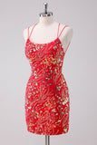 Glitter Rød Spaghetti Stropper Paljetter Bodycon Kort Homecoming Kjole