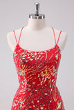 Glitter Rød Spaghetti Stropper Paljetter Bodycon Kort Homecoming Kjole