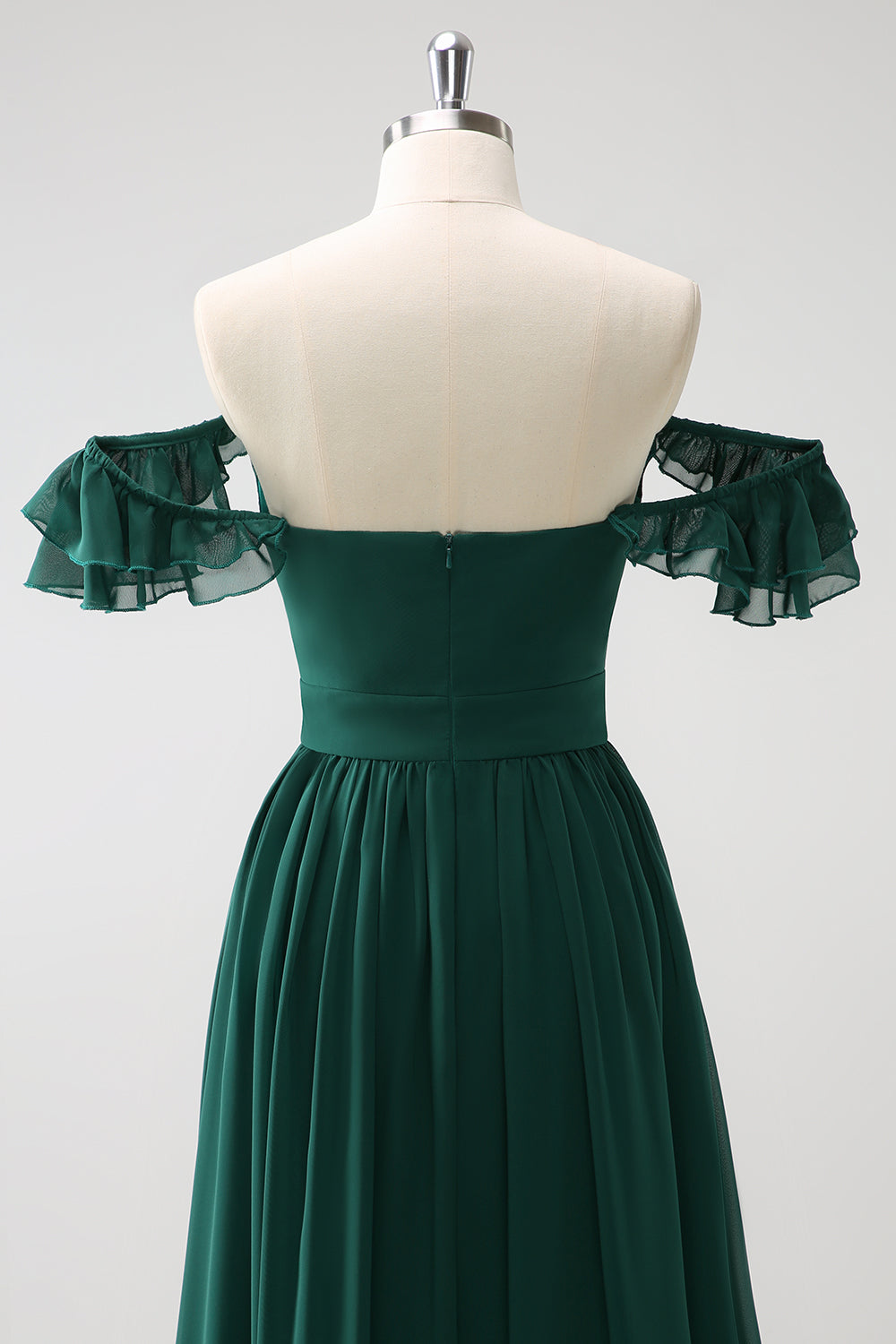 Mørkegrønn A-linje V-hals Chiffon Lang brudepikekjole