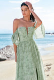 Dusty Sage A-linje Off Shoulder Print Lang brudepikekjole med splitt