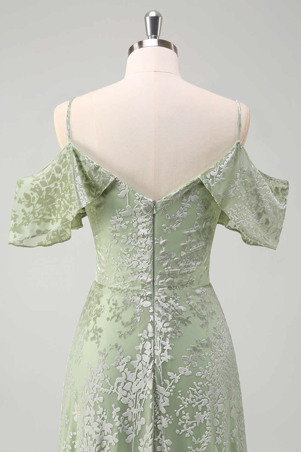 Dusty Sage A-linje fløyelstrykt lang brudepikekjole med splitt