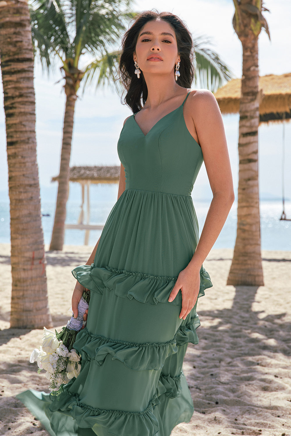 Lagdelt eukalyptus A-linje Chiffon Lang brudepikekjole