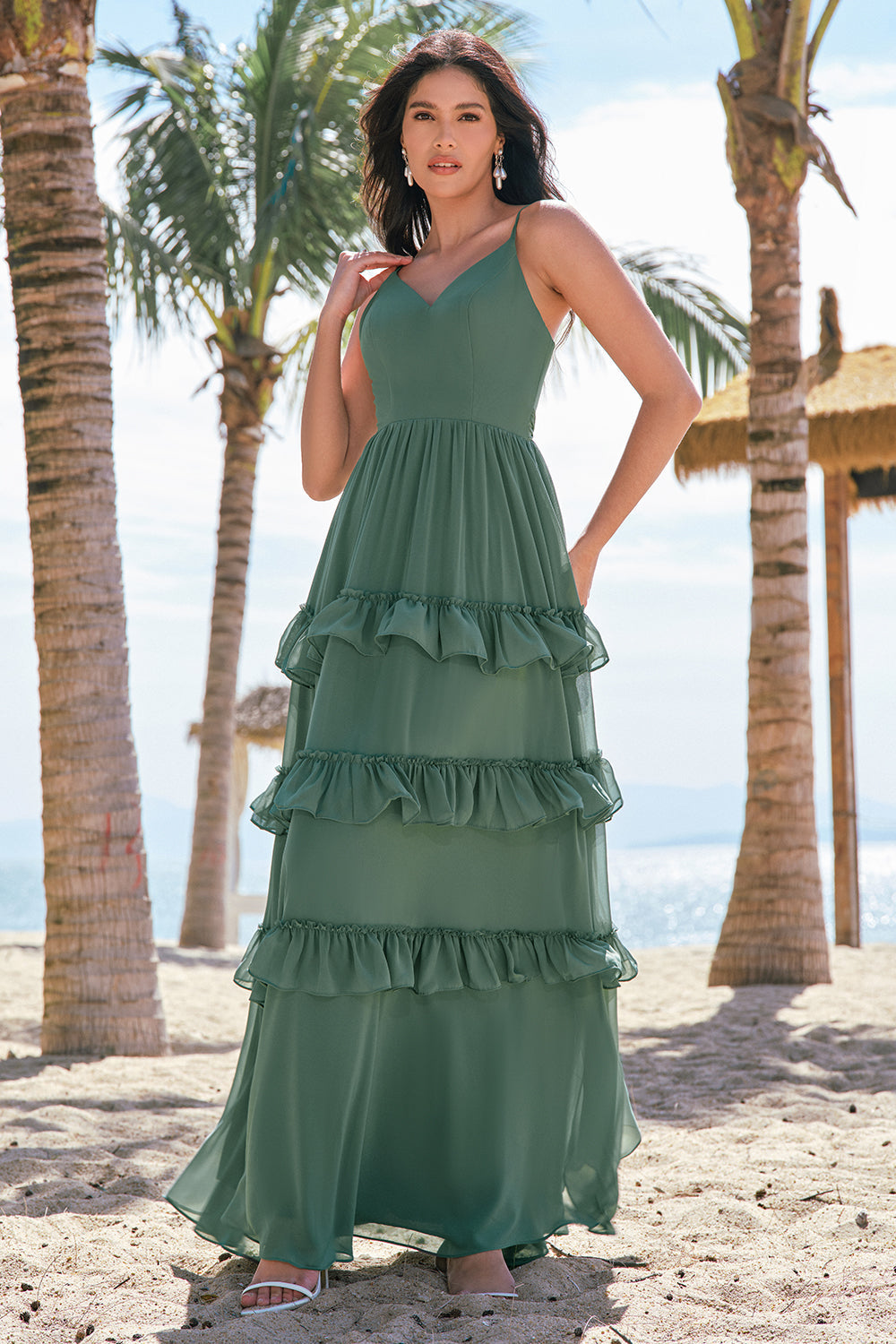 Lagdelt eukalyptus A-linje Chiffon Lang brudepikekjole
