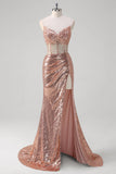 Glitrende Rose Golden Mermaid Korsett Lang Ballkjole Med Paljetter