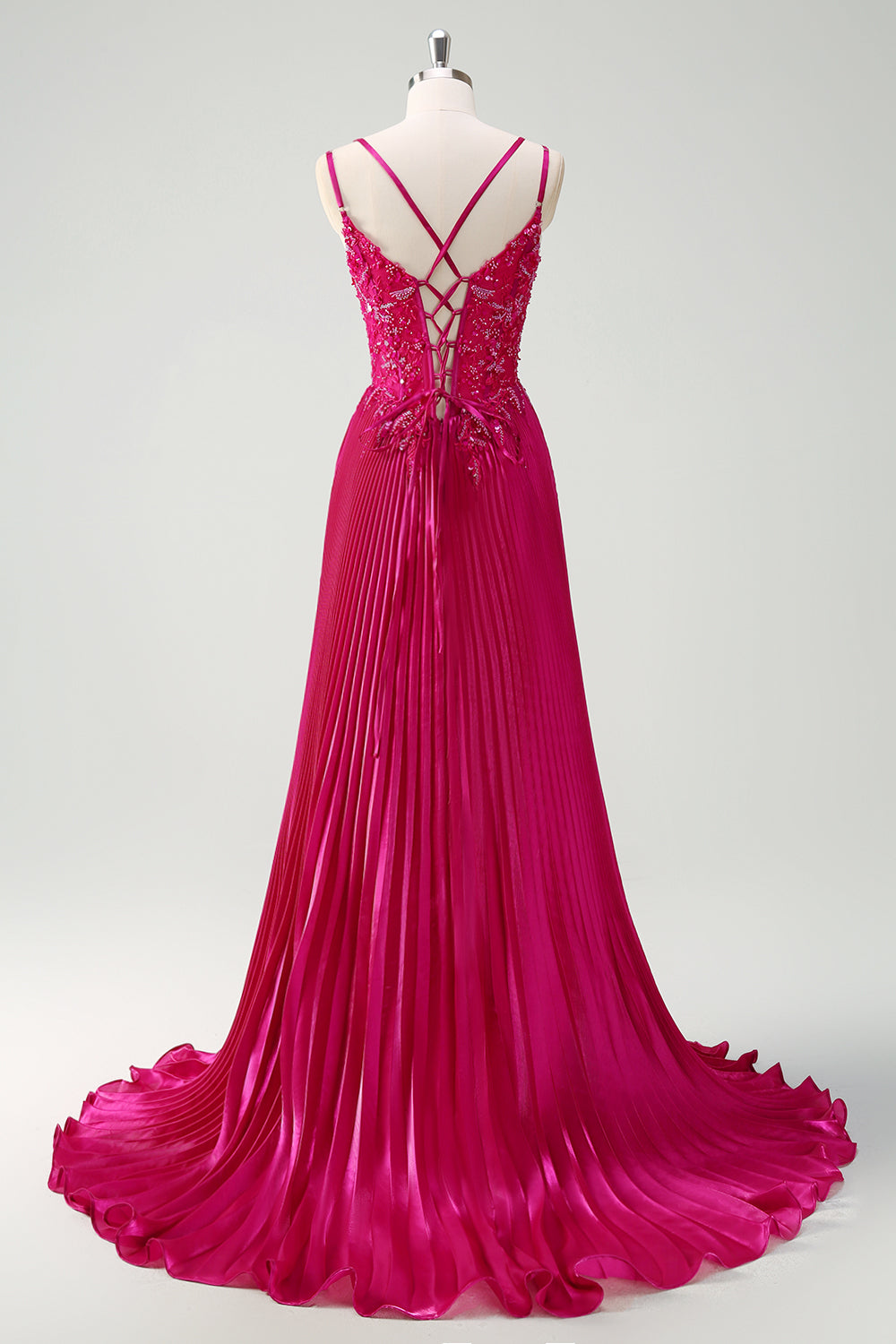 Fuchsia Sheath Spaghetti Stropper Plissert Lang Korsett Ballkjole med applikasjoner