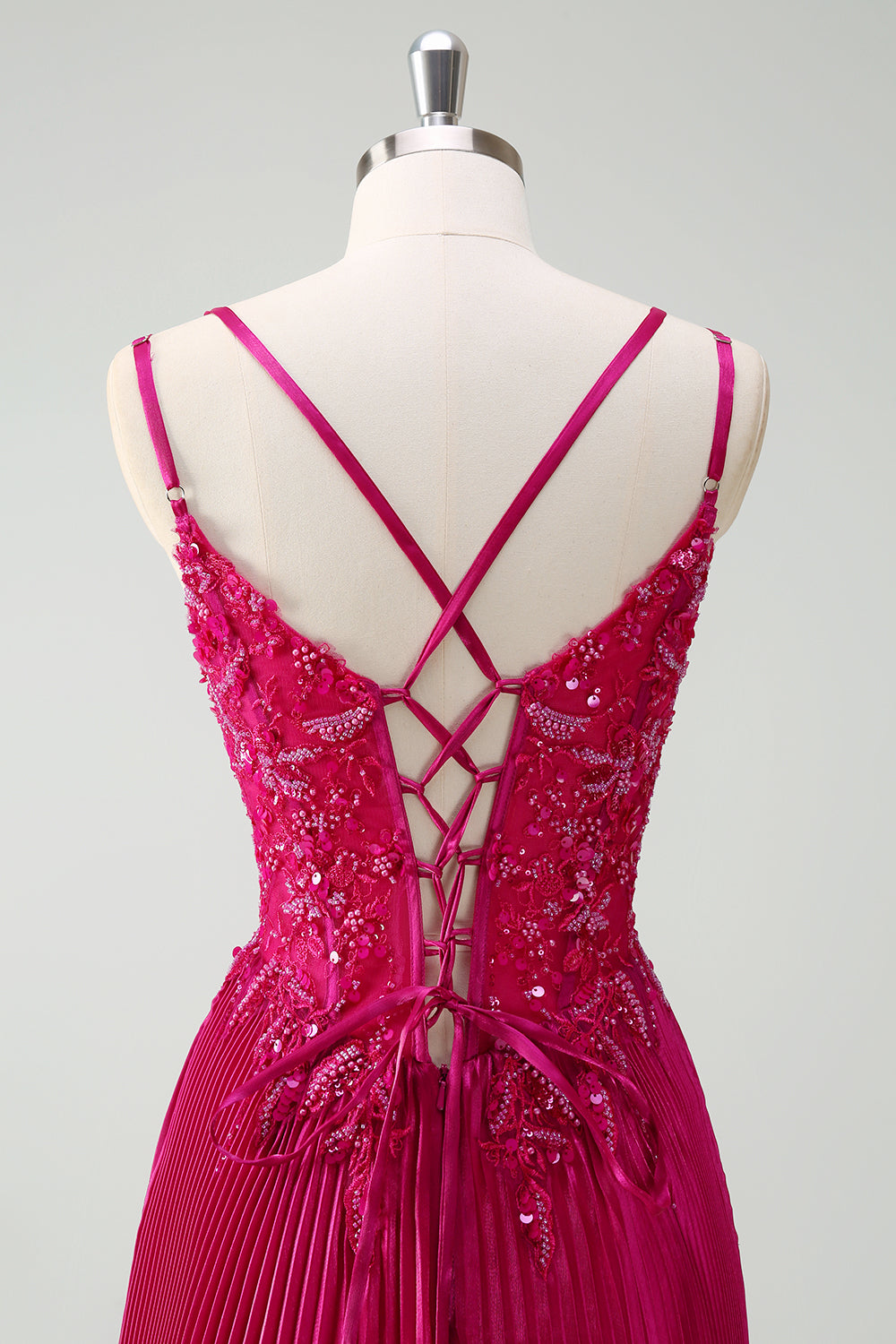 Fuchsia Sheath Spaghetti Stropper Plissert Lang Korsett Ballkjole med applikasjoner