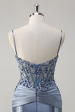 Glitrende Grå Blå Havfrue Spaghetti Stropper Korsett Applikert Lang Ballkjole