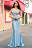 Himmelblå Off The Shoulder havfruekorsett Floral lang ballkjole med 3D-blomster