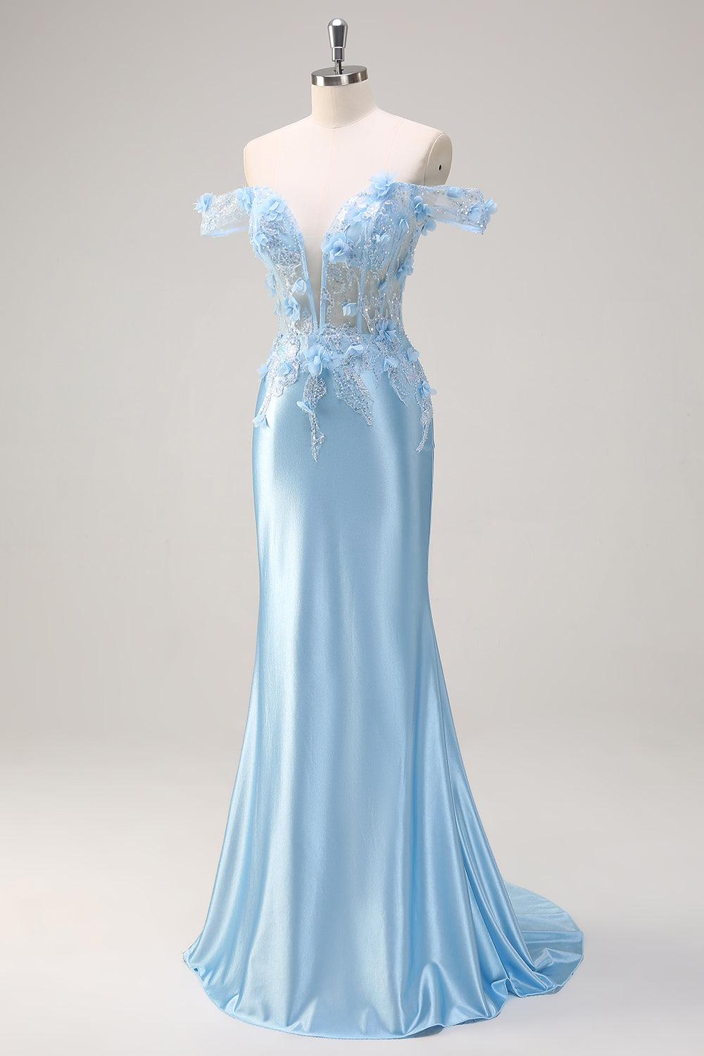 Himmelblå havfrue Off The Shoulder Korsett Floral Lang Ballkjole med 3D-blomster