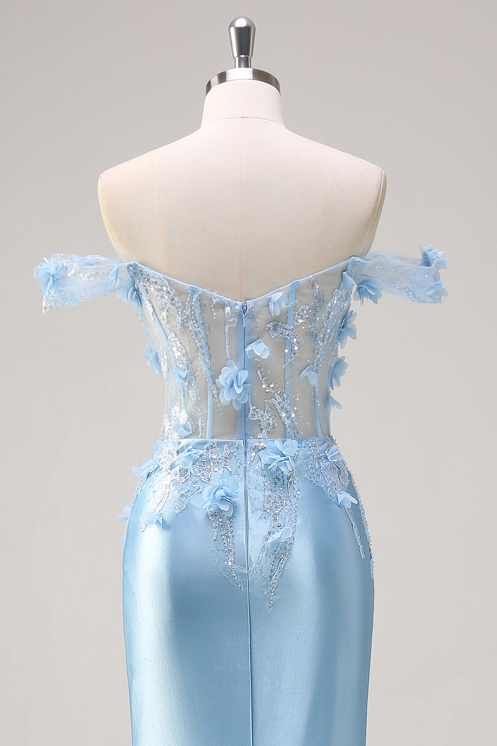 Himmelblå havfrue Off The Shoulder Korsett Floral Lang Ballkjole med 3D-blomster