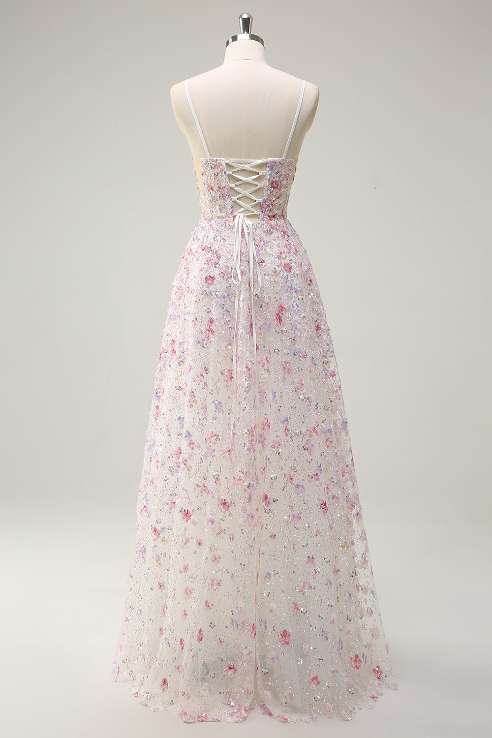 Rosa A Line Spaghetti Stropper Floral Beaded Ballkjole