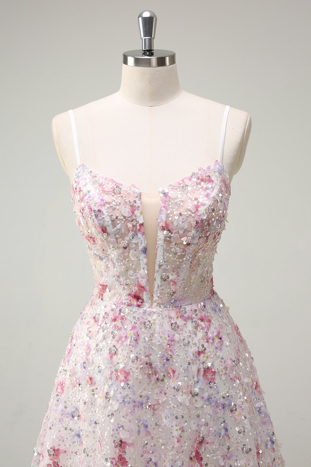 Rosa A Line Spaghetti Stropper Floral Beaded Ballkjole