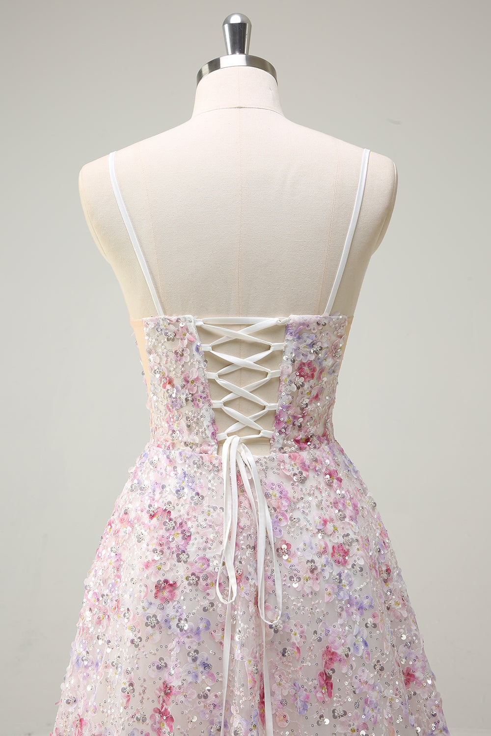 Rosa A Line Spaghetti Stropper Floral Beaded Ballkjole