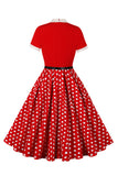En linje Svart Polka Dots korte ermer 1950-tallet kjole med belte
