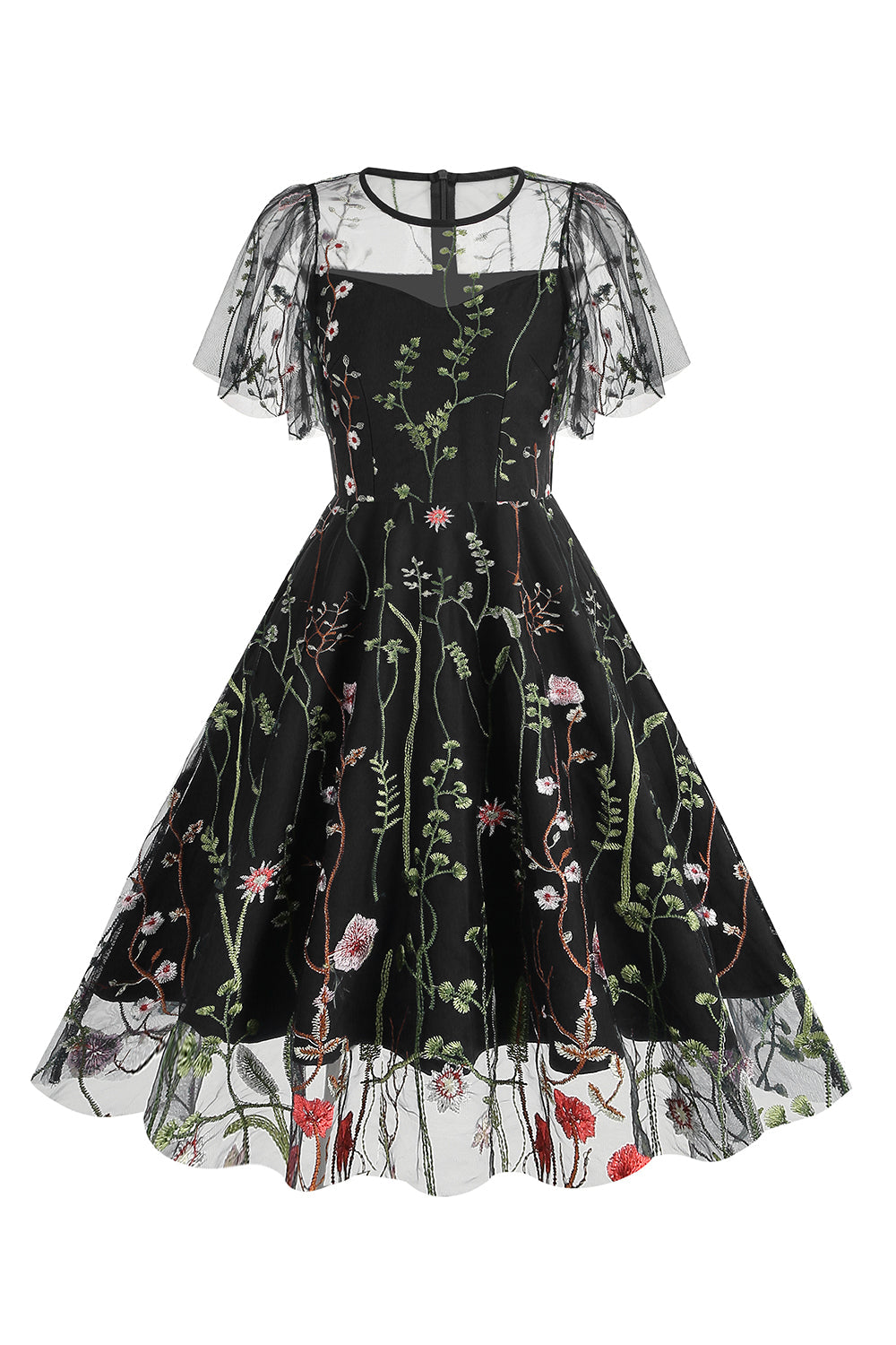 Aprikos A Line Trykt Tyll 1950-talls Kjole med Korte Ermer