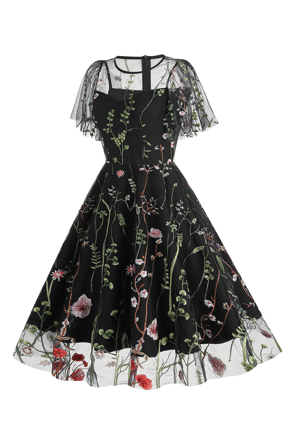 Aprikos A Line Trykt Tyll 1950-talls Kjole med Korte Ermer