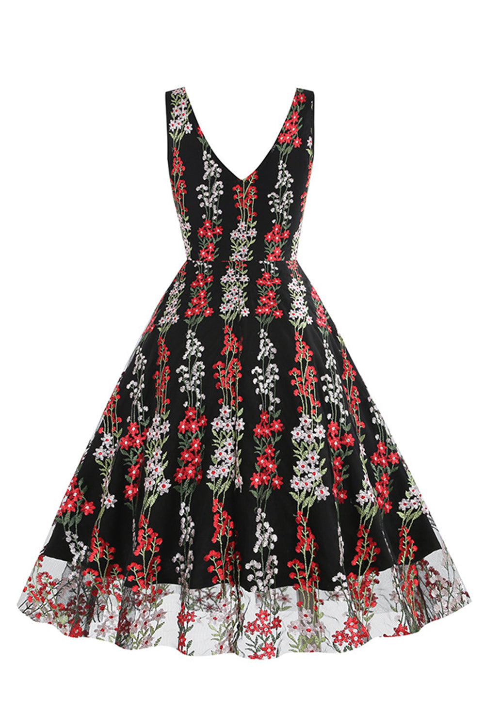 Svart Blomster Blonder Broderi Ermeløs Elegant Vintage Kjole