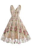 Svart Blomster Blonder Broderi Ermeløs Elegant Vintage Kjole