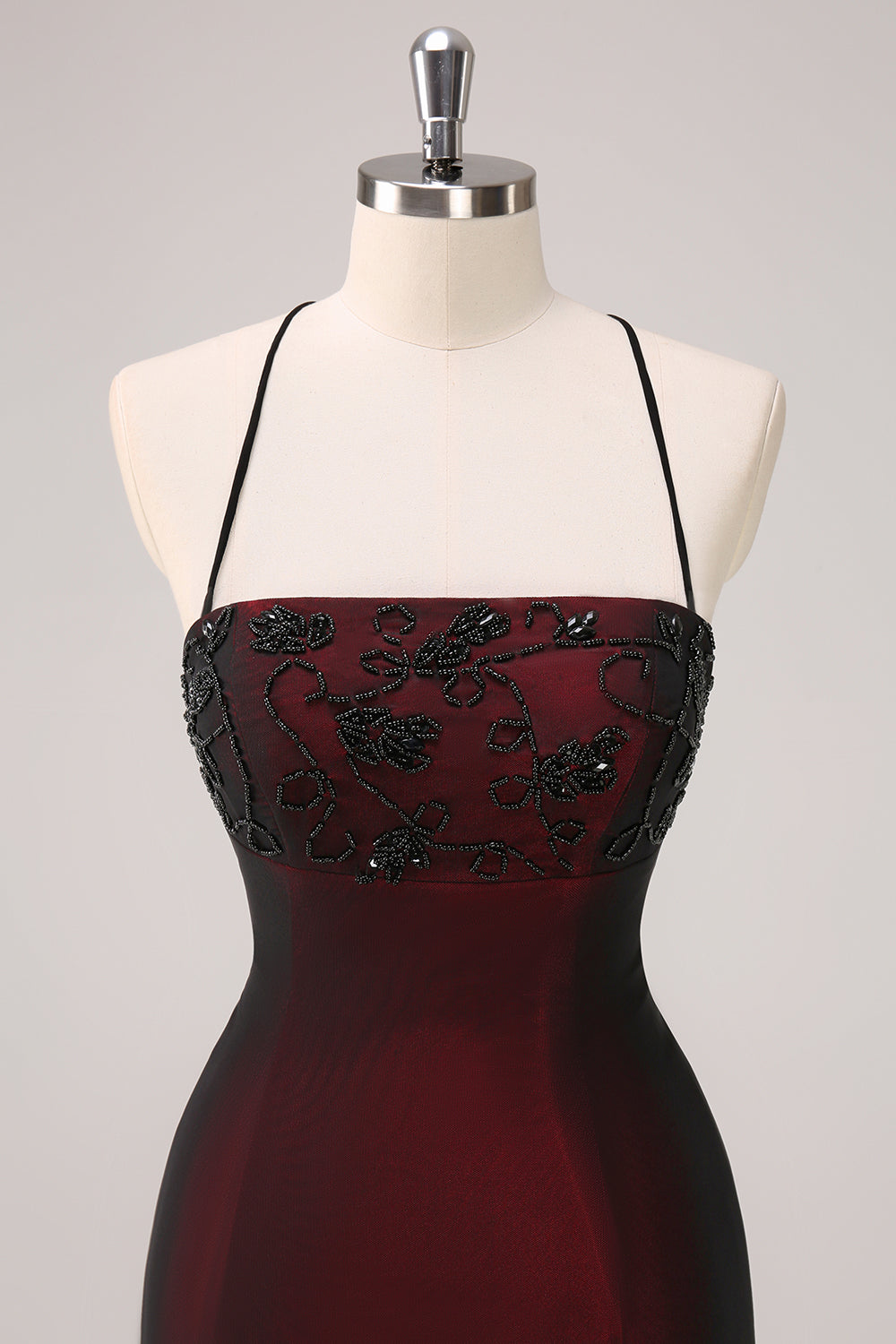 Svart Rød Spaghetti Stropper Havfrue Brudepike Kjole Med Perler