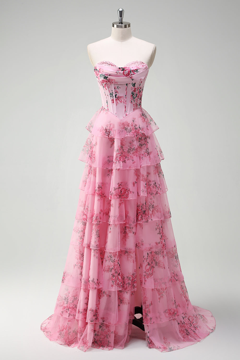 Blush Floral A Line Stroppeløs Korsett Lagdelt Ballkjole
