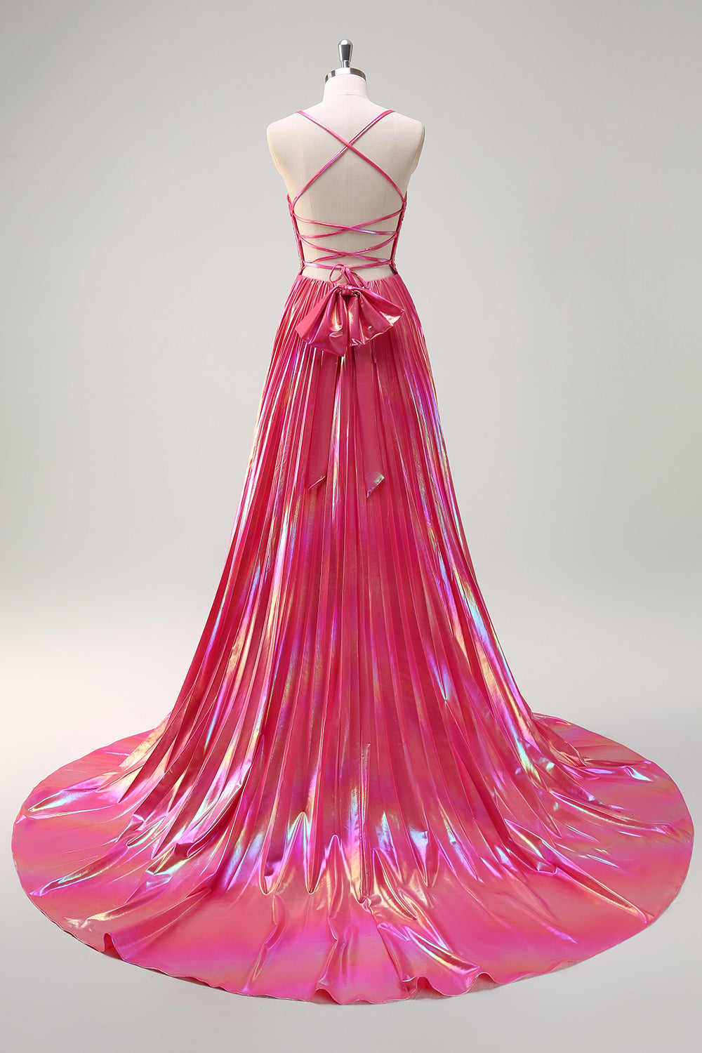Fuchsia A-linje Spaghetti Stropper Metallisk Plissert Lang Ballkjole med Splitt