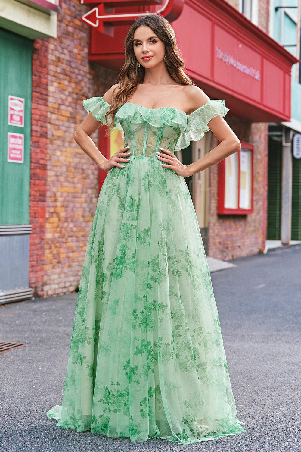 Floral A Line Off The Shoulder Korsett Lang Grønn Ballkjole