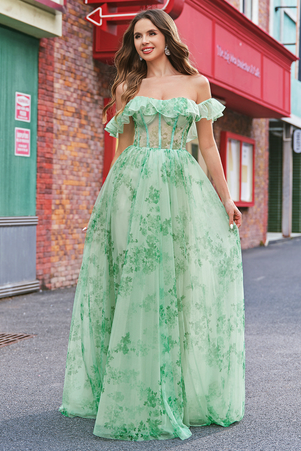 Floral A Line Off The Shoulder Korsett Lang Grønn Ballkjole