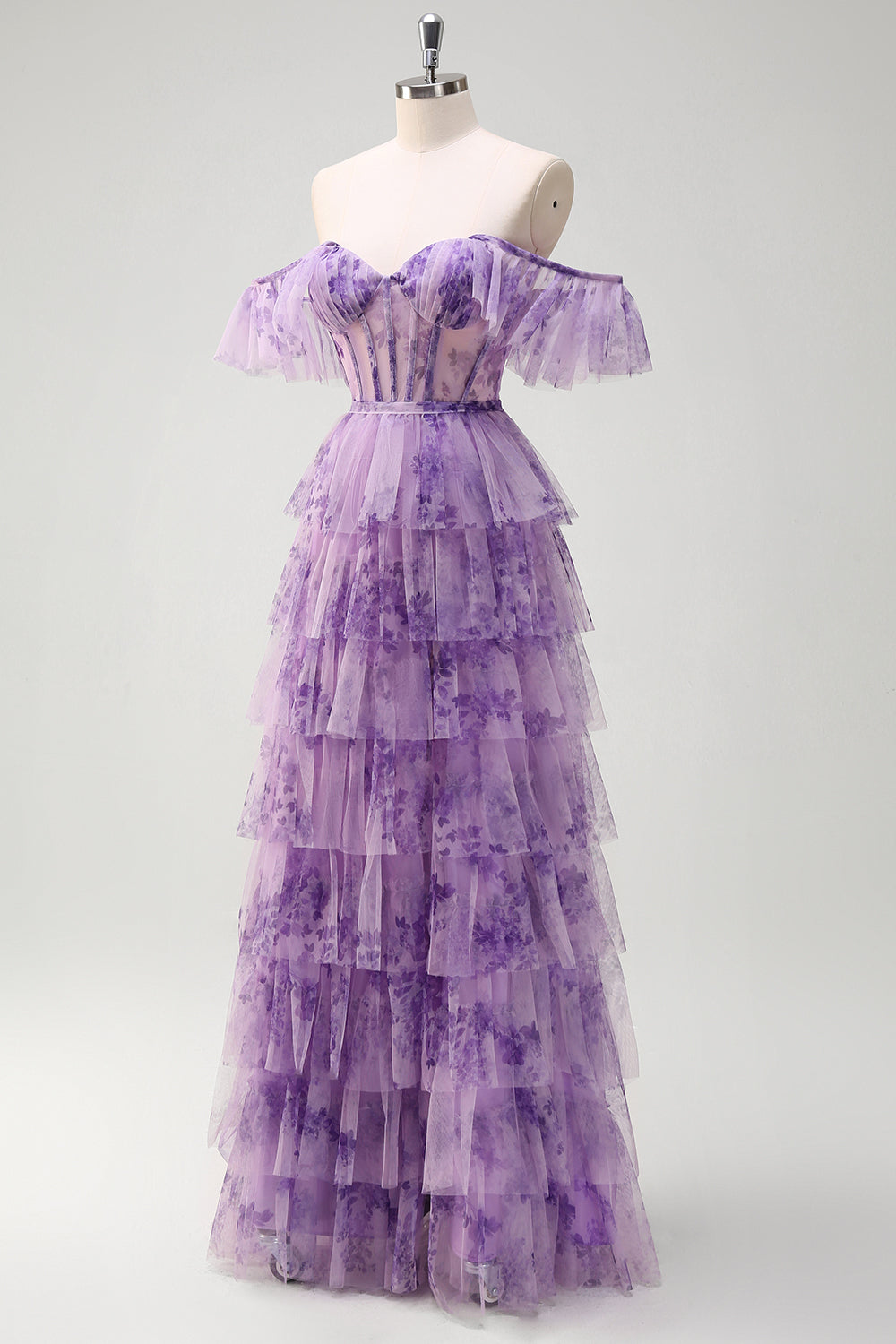 Lilla A-linje Off the Shoulder Korsett Floral Ruffles Lang Ballkjole med Splitt
