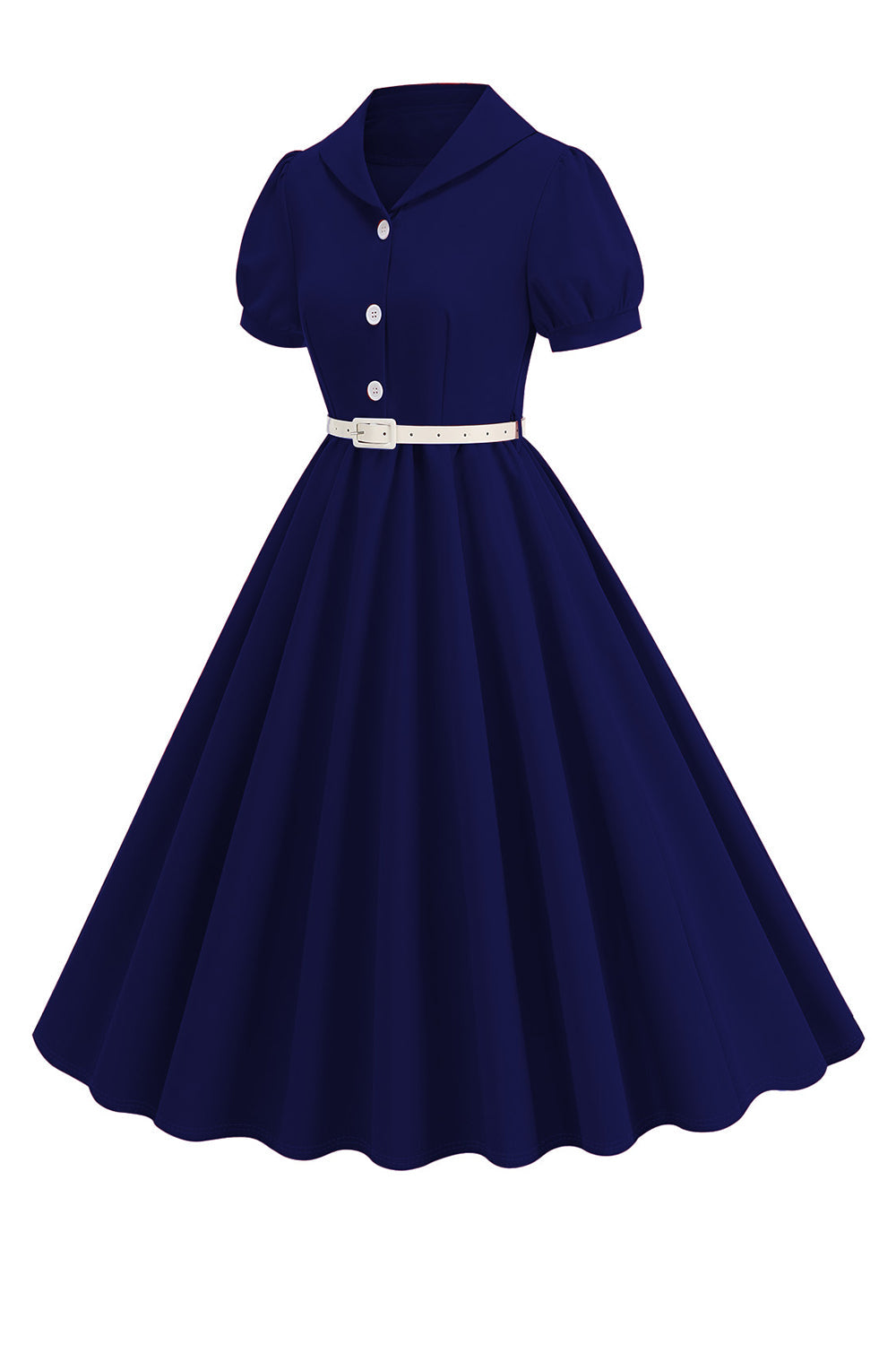 Svart V-hals korte ermer A-linje Midi 1950-tallet kjole med belte