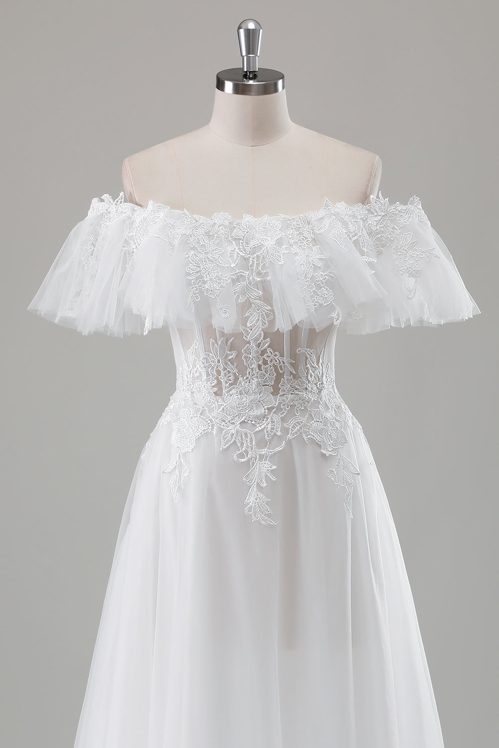 Elfenben Off the Shoulder A-linje brudekjole med applikert blonder