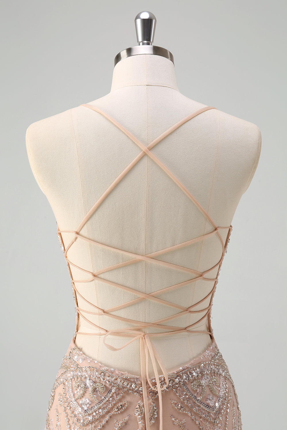 Glitrende Champagne Havfrue Spaghetti Stropper Korsett Lang Ballkjole