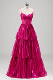 Glitrende A Line Fuchsia Korsett Lagdelt Spaghetti Stropper Metallisk Ballkjole