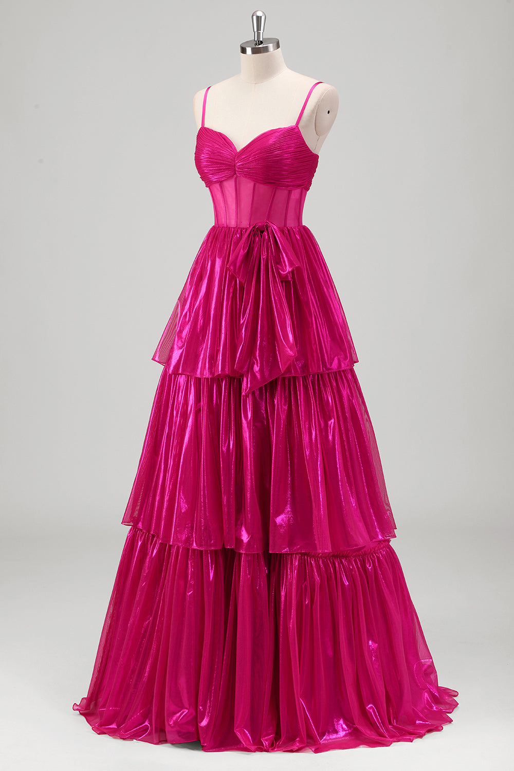 Glitrende A Line Fuchsia Korsett Lagdelt Spaghetti Stropper Metallisk Ballkjole