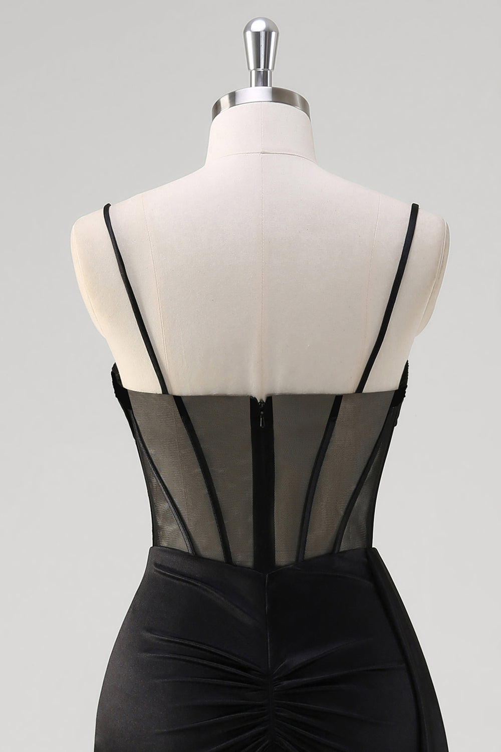 Svart Spaghetti Stropper Sateng Havfrue Lang Korsett Ballkjole Med Splitt