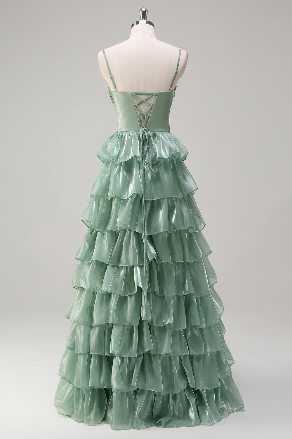 Dusty Sage A Line Spaghetti Stropper Ruffled Lang Brudepike Kjole Splitt