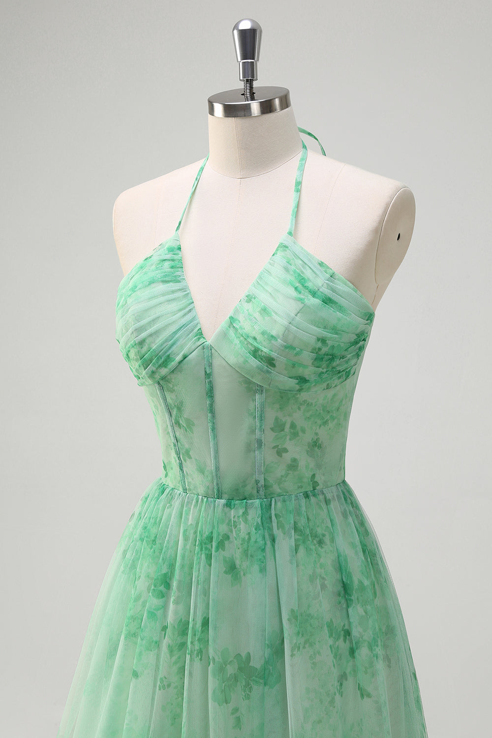 Grønn A-linje Halter Floral Korsett Ruffles Lang Ballkjole med Splitt