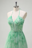 Grønn A-linje Halter Floral Korsett Ruffles Lang Ballkjole med Splitt