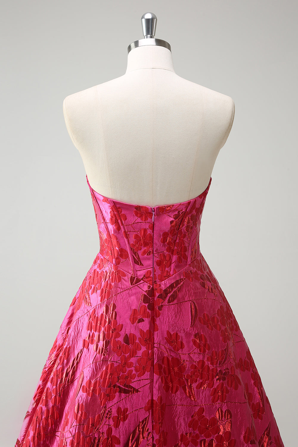 Fuchsia Floral Jacquard Sweetheart Princess Lang Korsett Ballkjole med Splitt