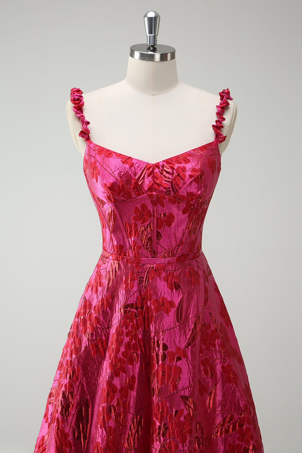 Fuchsia A-linje Spaghetti Stropper Floral Jacquard Lang Ballkjole med Splitt