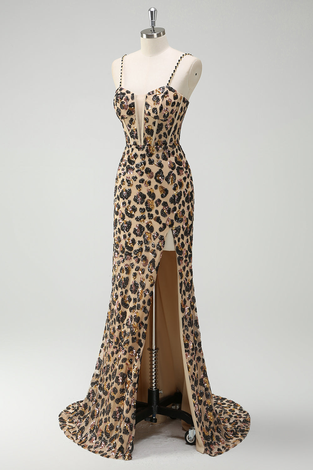 Khaki Leopard Paljetter Havfrue Spaghetti Stropper Lang Korsett Kjole Med Splitt